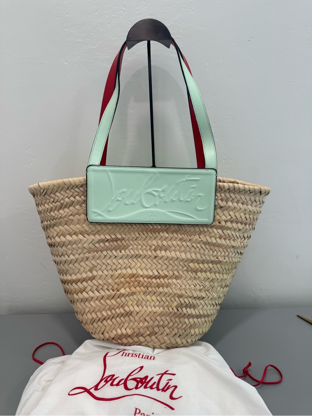 Christian Louboutin Loubishore Straw Tote with Mint Leather Panel and Red Straps